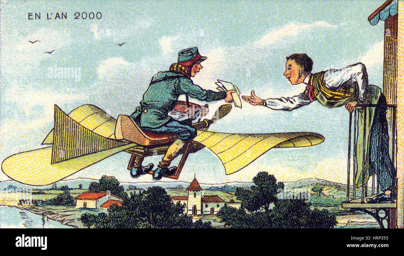 Fliegende Postbote, französische Postkarte 1900 s Stockfoto
