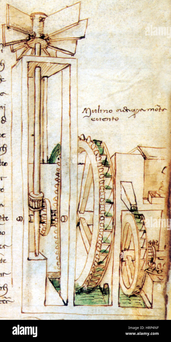 Di Giorgio Erfindung, Wind- und Wassermühle Stockfoto