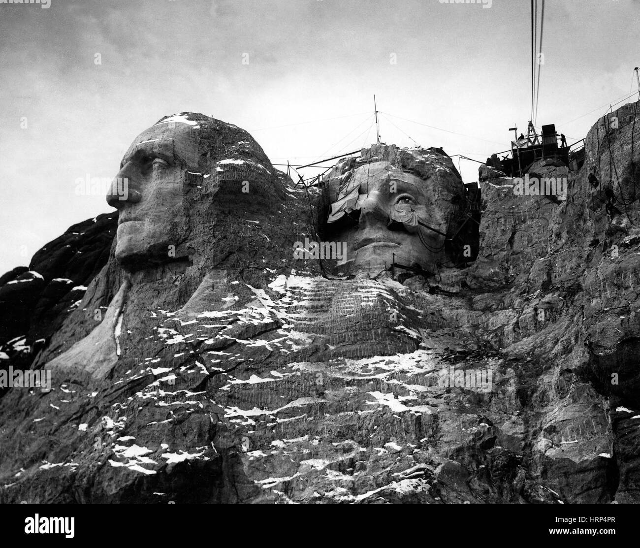 Schnitzen Jeffersons Kopf, Mount Rushmore, 1930er Jahre Stockfoto