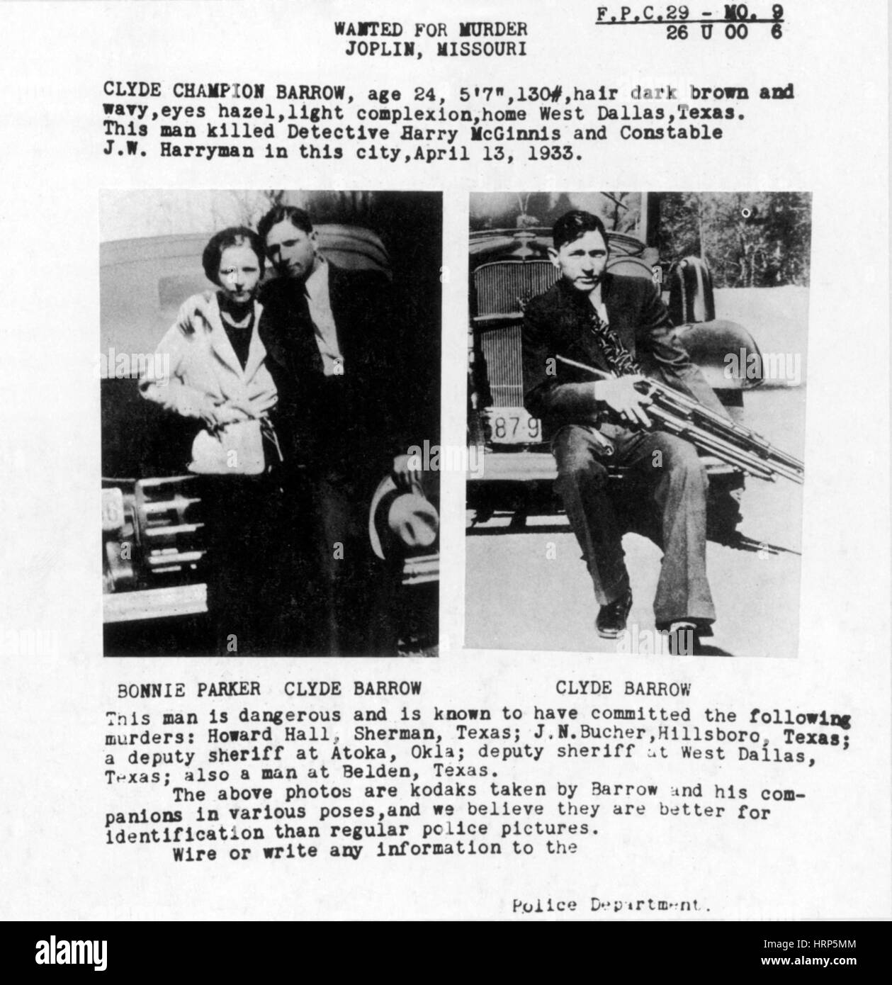 Bonnie und Clyde Steckbrief, 1933 Stockfoto