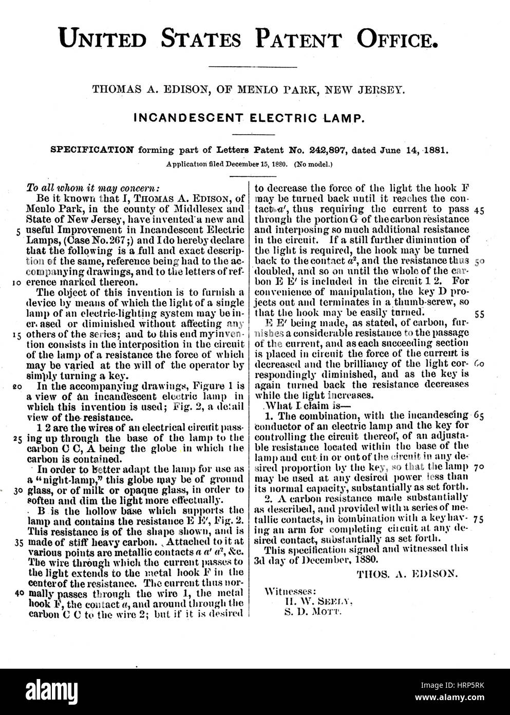 Edisons weißglühende elektrische Lampe Patent, 1881 Stockfoto