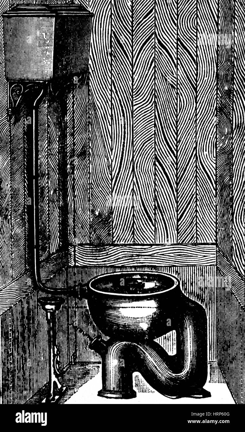 Toilette mit erhöhten Wassertank, 1884 Stockfoto