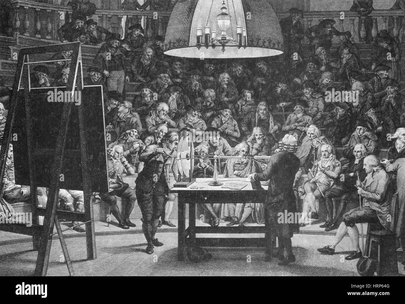 Van Swinden die Erzeugung von Strom, der Felix Meritis Society, Amsterdam zu beweisen. Jean Henri van Swinden (8. Juni 1746 - 9. März 1823) war ein niederländischer Mathematiker und Physiker. Im Jahre 1776 gewann er einen Preis von der Académie Royale des Sciences zusammen mit Charles-Augustin de Coulomb für seine Arbeiten über das Erdmagnetfeld und die Beziehung zwischen Magnetismus und Elektrizität. Stockfoto