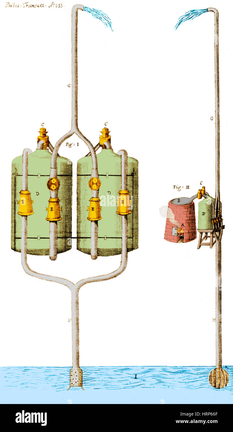 Savery Engine zur Mine Wasserpumpe, 1699 Stockfoto