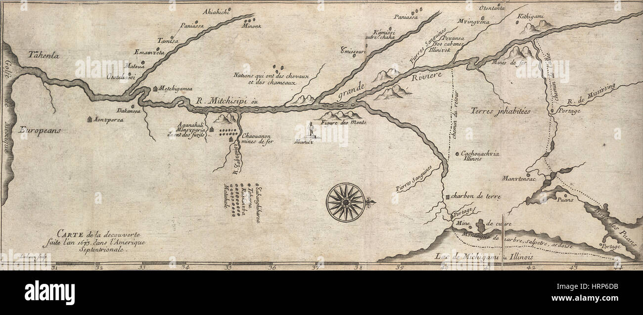 Jacques Marquette, Karte von Mississippi Fluß, 1673 Stockfoto