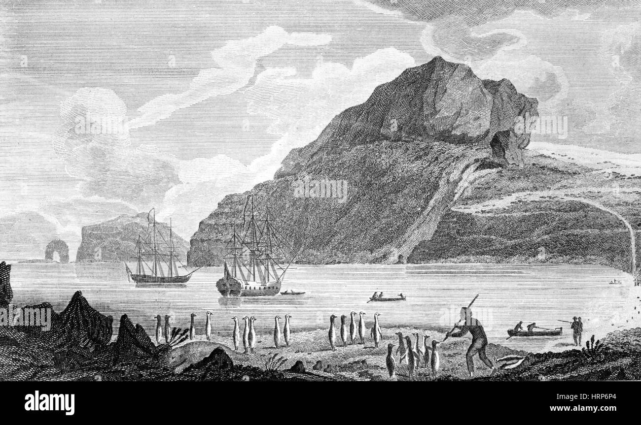 Captain Cook erforscht Kerguelen-Inseln, 1776 Stockfoto