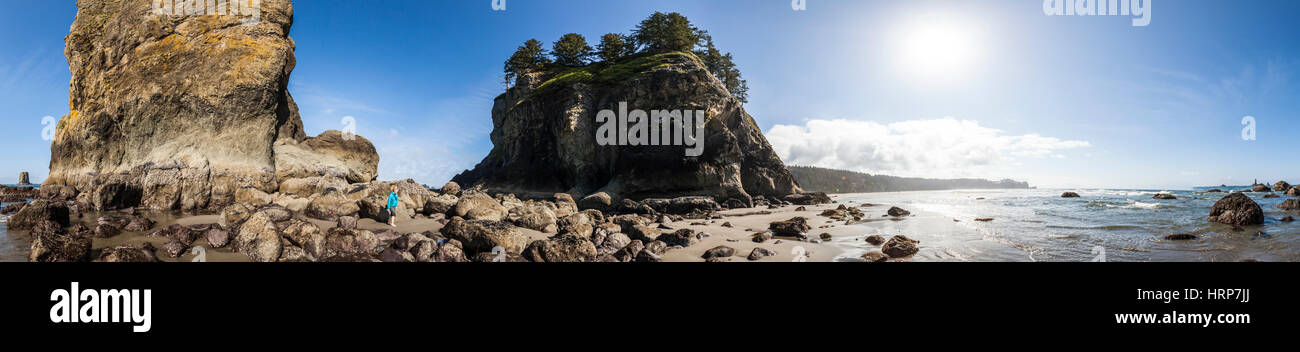 Eine Frau zu Fuß auf einem felsigen Strand, 360-Grad-Panoramabild auf 2. Strand, Olmpic Nationalpark, Washington, USA. Stockfoto