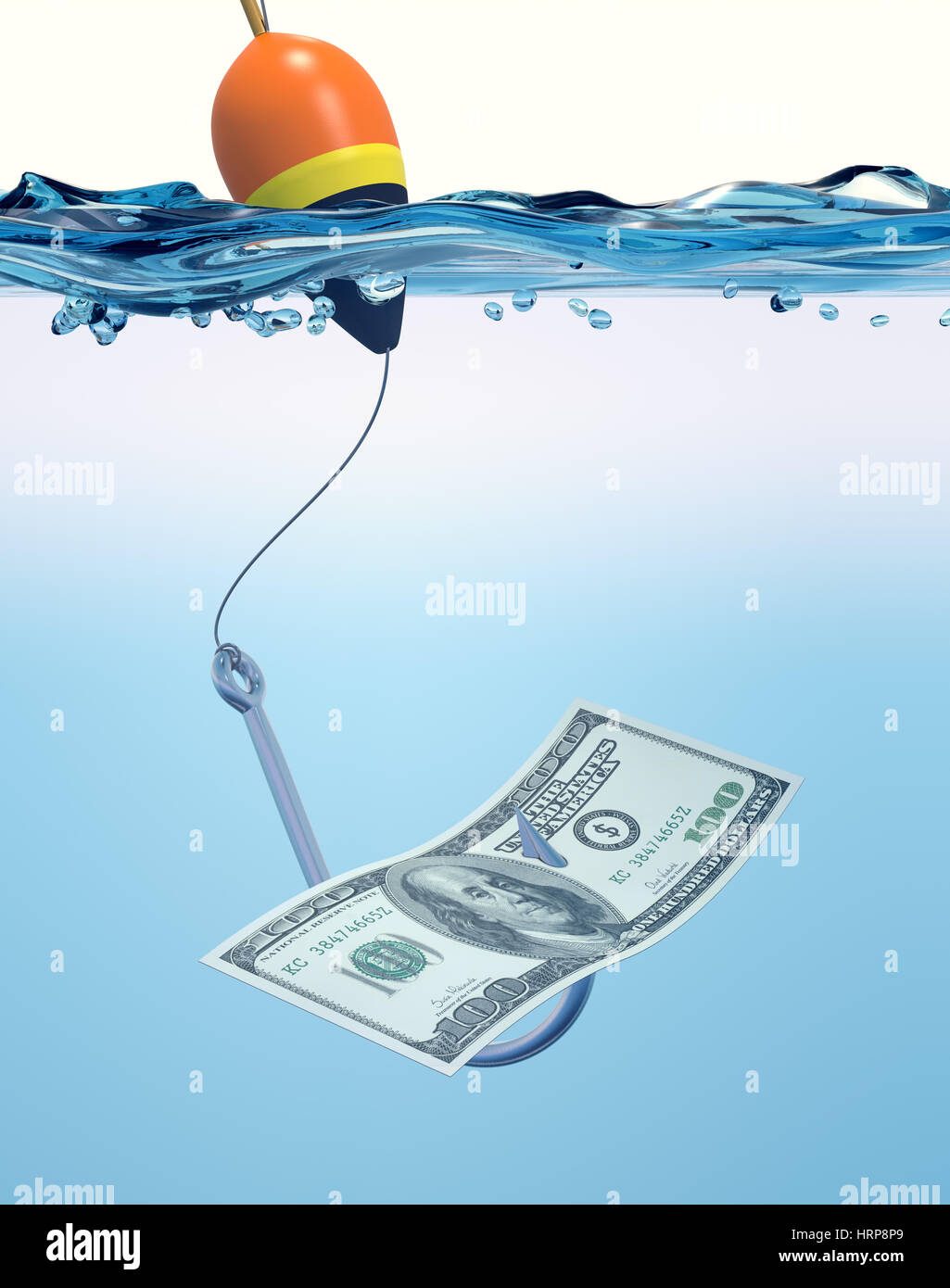 Frontansicht der Angelhaken im Wasser mit einer Banknote, Konzept des Betrugs (3d Render) Stockfoto