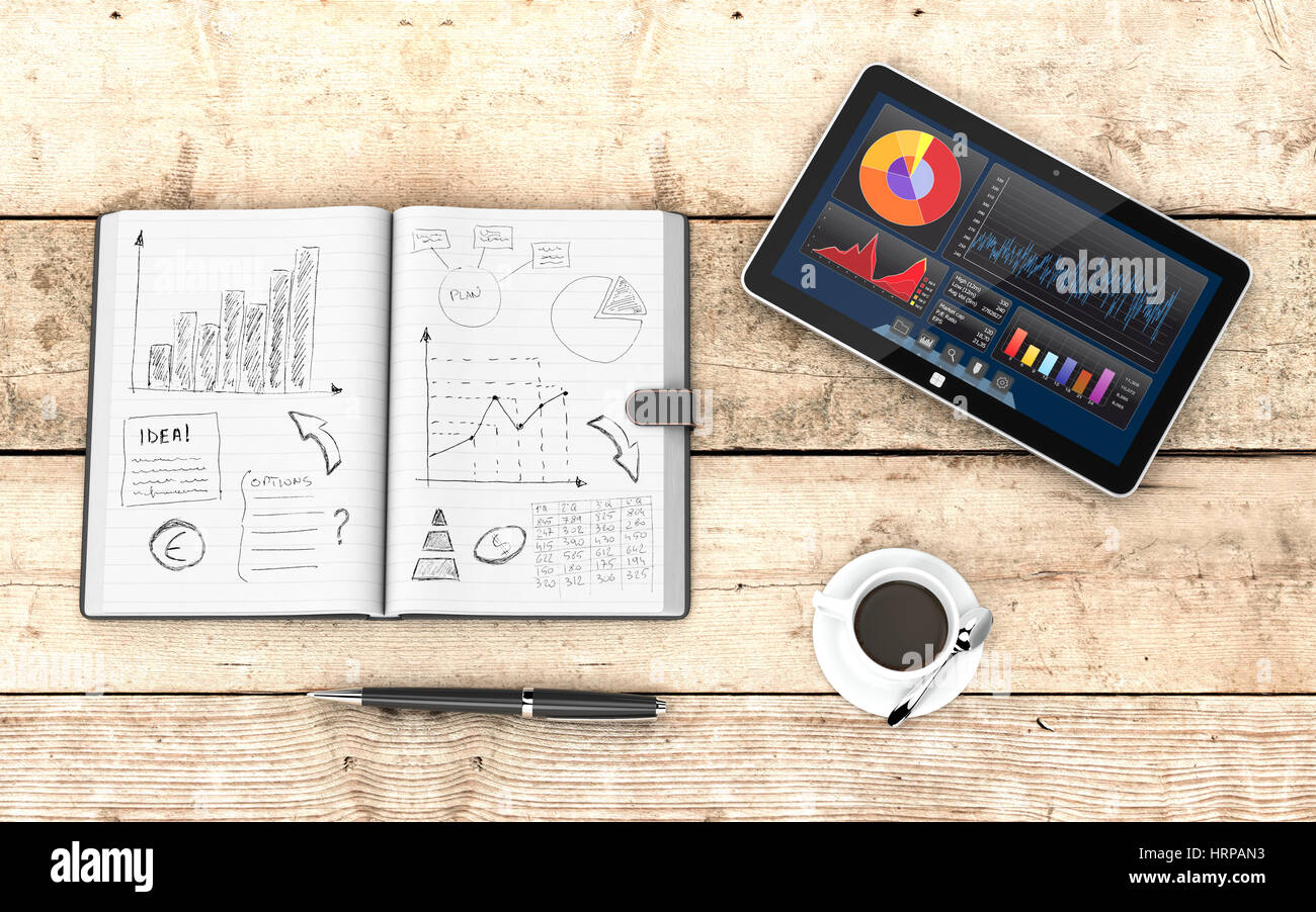 Draufsicht Des Notizbuch Aus Papier Mit Handgezeichneten Kritzeleien Von Einen Business Plan Einen Stift Eine Tasse Kaffee Einem Tablet Pc Mit Einem Finanz App Aus Holz 3d Hintergrund Stockfotografie Alamy