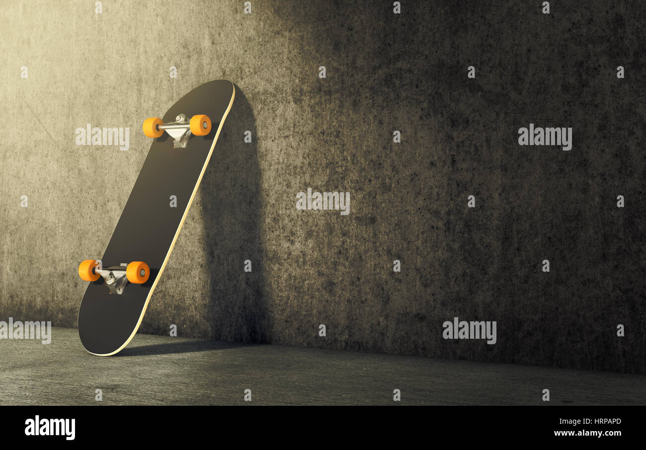 ein Skateboard Wand gelehnt, leeren Raum auf der rechten Seite für benutzerdefinierte Text (3d Render) Stockfoto