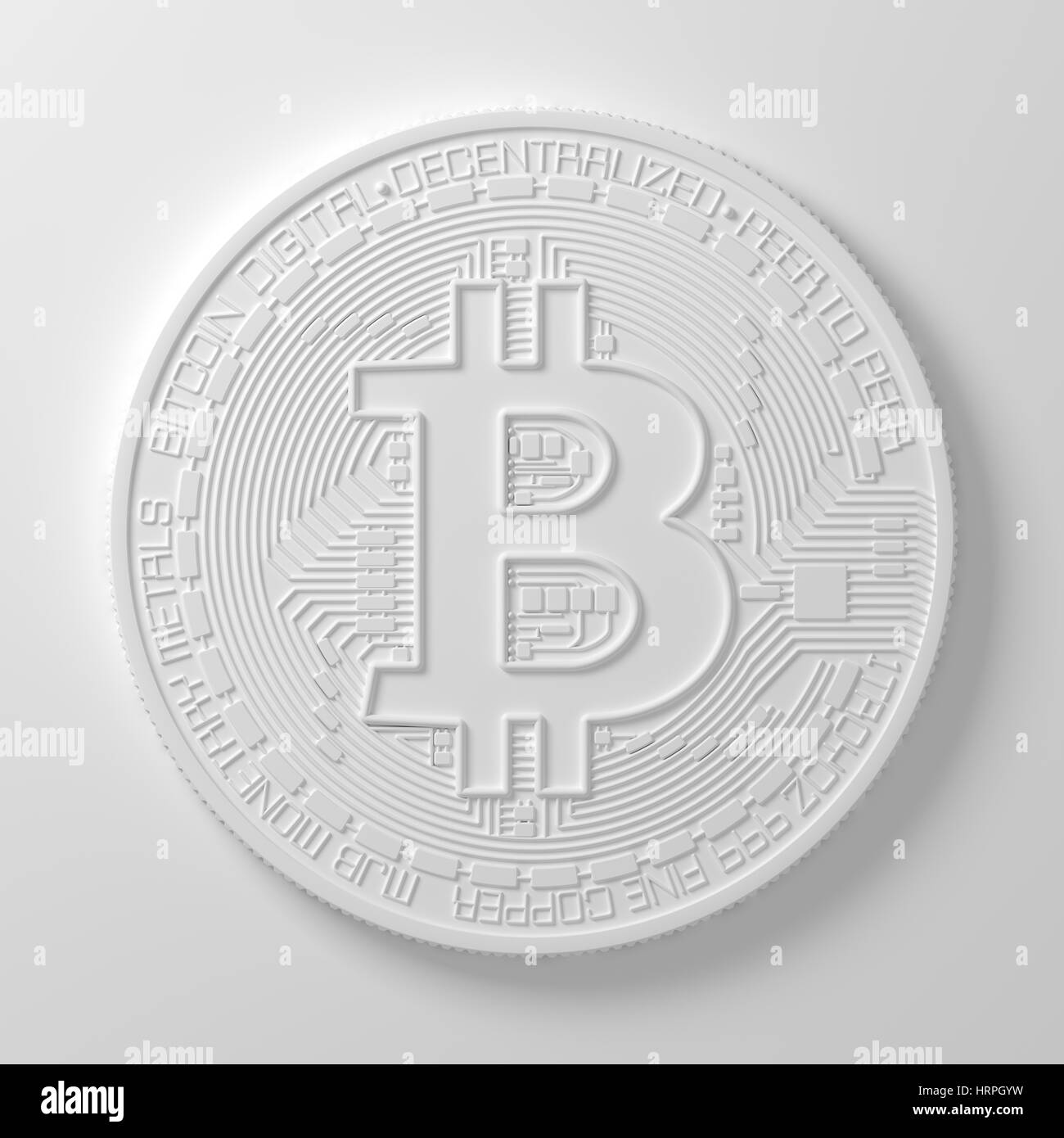 Weiße Bitcoin auf weißem Hintergrund. 3D Illustration. Stockfoto