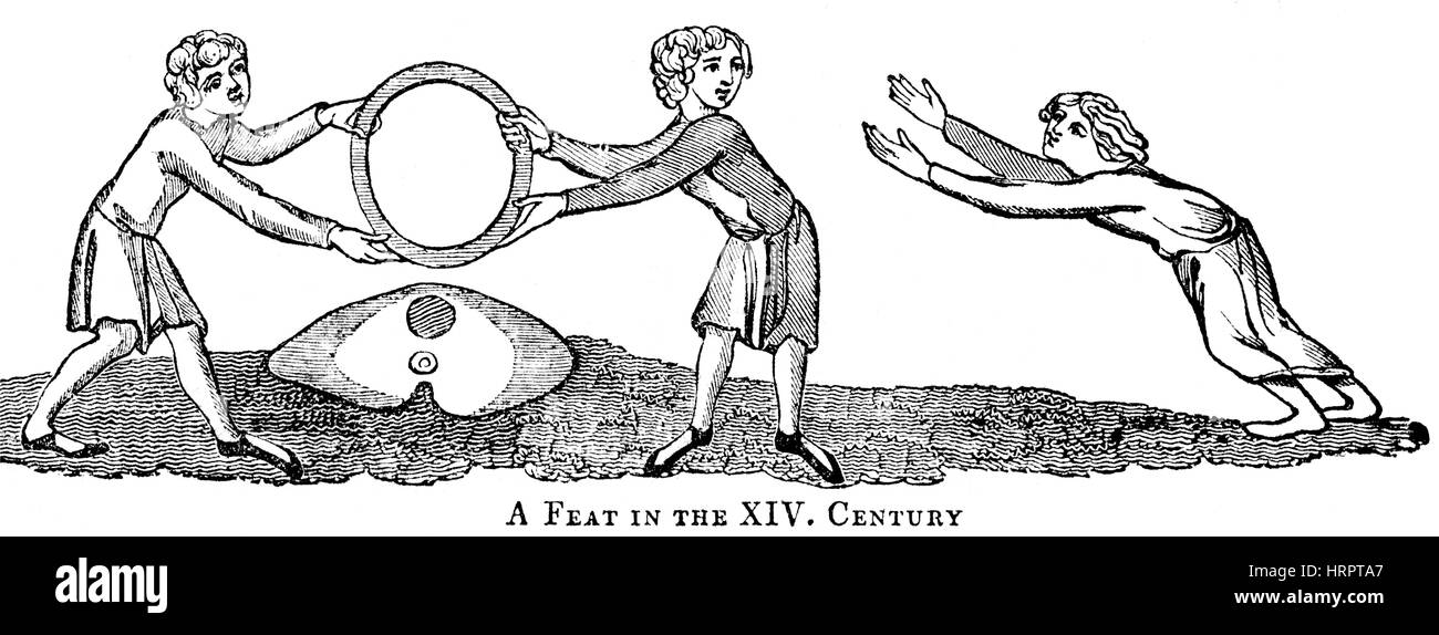 Ein Beispiel für ein Kunststück der Sprung durch ein Hoop im 14. Jahrhundert in hoher Auflösung aus einem Buch gescannt gedruckt im Jahre 1831. Stockfoto