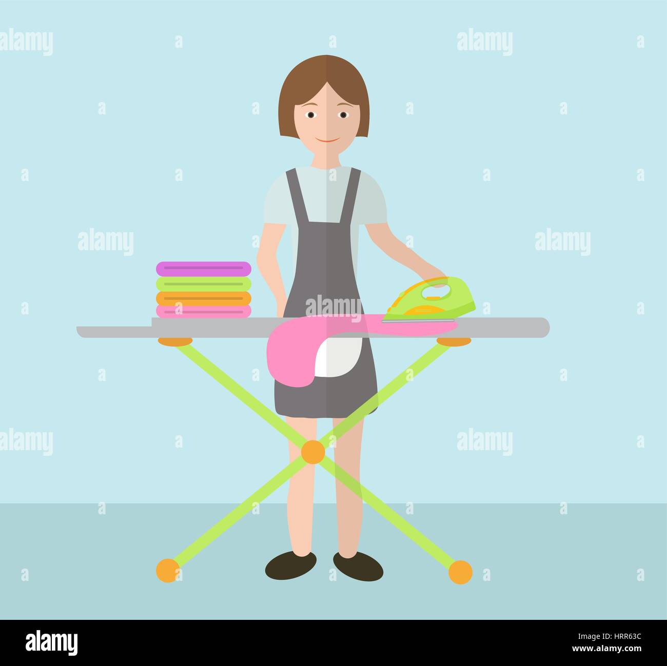 Eine Frau bügelt Kleider. Bügelbrett und Bügeleisen. Vektor-illustration Stock Vektor