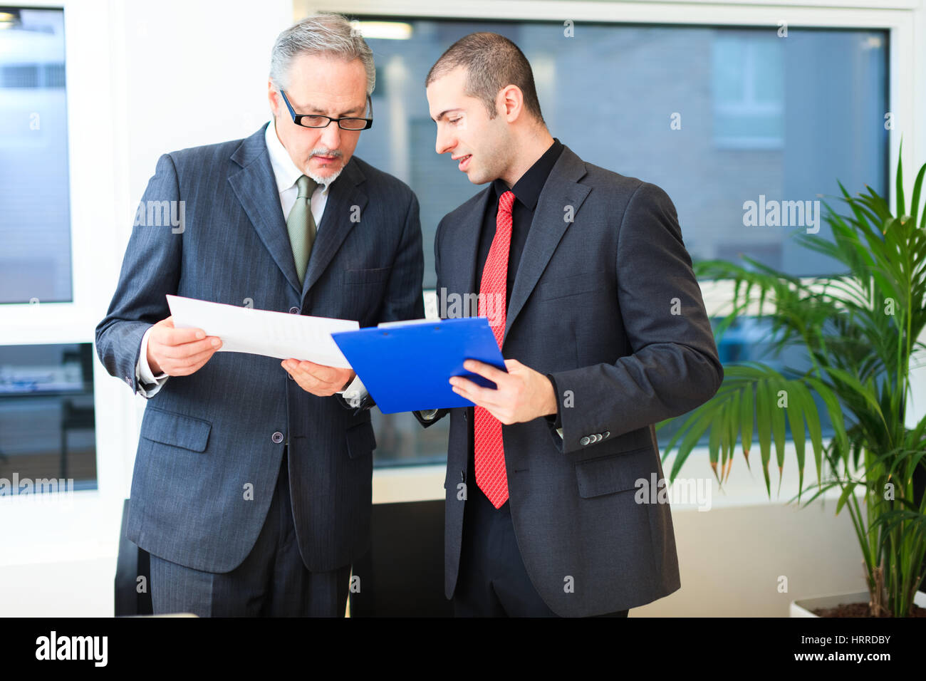 Porträt von Geschäftsleuten, die ein Dokument in ihrem Büro Stockfoto