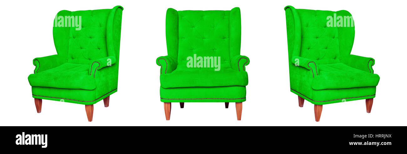 Textile klassischen grünen Stuhl isoliert auf weißem Hintergrund. Von verschiedenen Seiten - Front und zwei Seitenansichten anzeigen Stockfoto