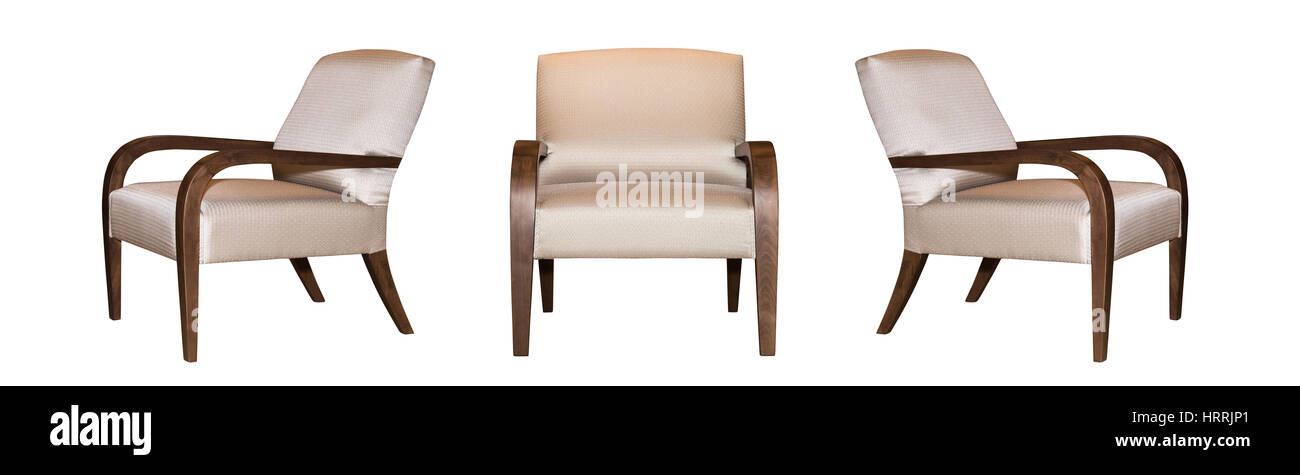 Textile moderner grauer Stuhl isoliert auf weißem Hintergrund. Von verschiedenen Seiten - Front und zwei Seitenansichten anzeigen Stockfoto