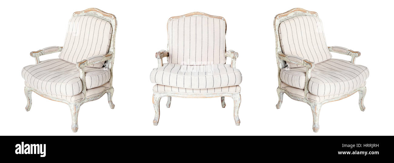 Classic Textile weißen Stuhl isoliert. Von verschiedenen Seiten - Front und zwei Seitenansichten anzeigen Stockfoto