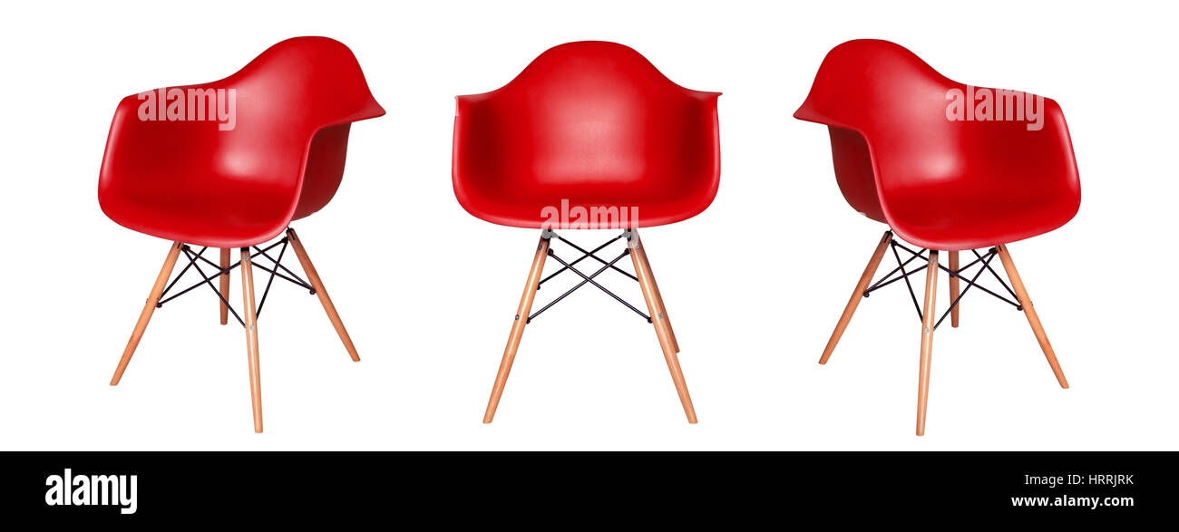 Moderner roter Stuhl Hocker isoliert auf weißem Hintergrund. Von verschiedenen Seiten - Front und zwei Seitenansichten anzeigen Stockfoto
