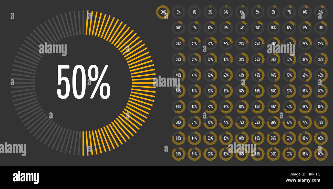 Kreis Prozentsatz Zeichnungssatz von 0 bis 100 für Web-Design, User-Interface (UI) oder Infografik - Indikator mit gelb Stockfoto