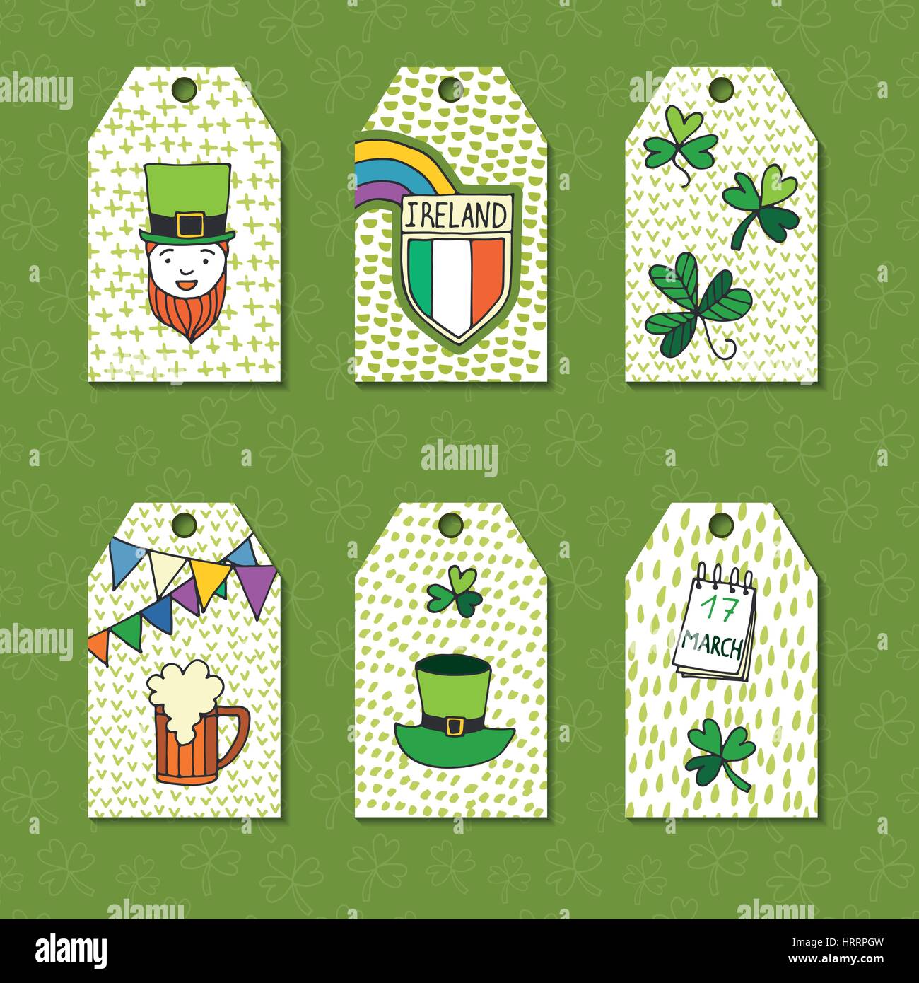 St. Patricks Day traditionelle Symbole Kollektion. Zusammenstellung von Gruß und Einladung Karten. Stock Vektor