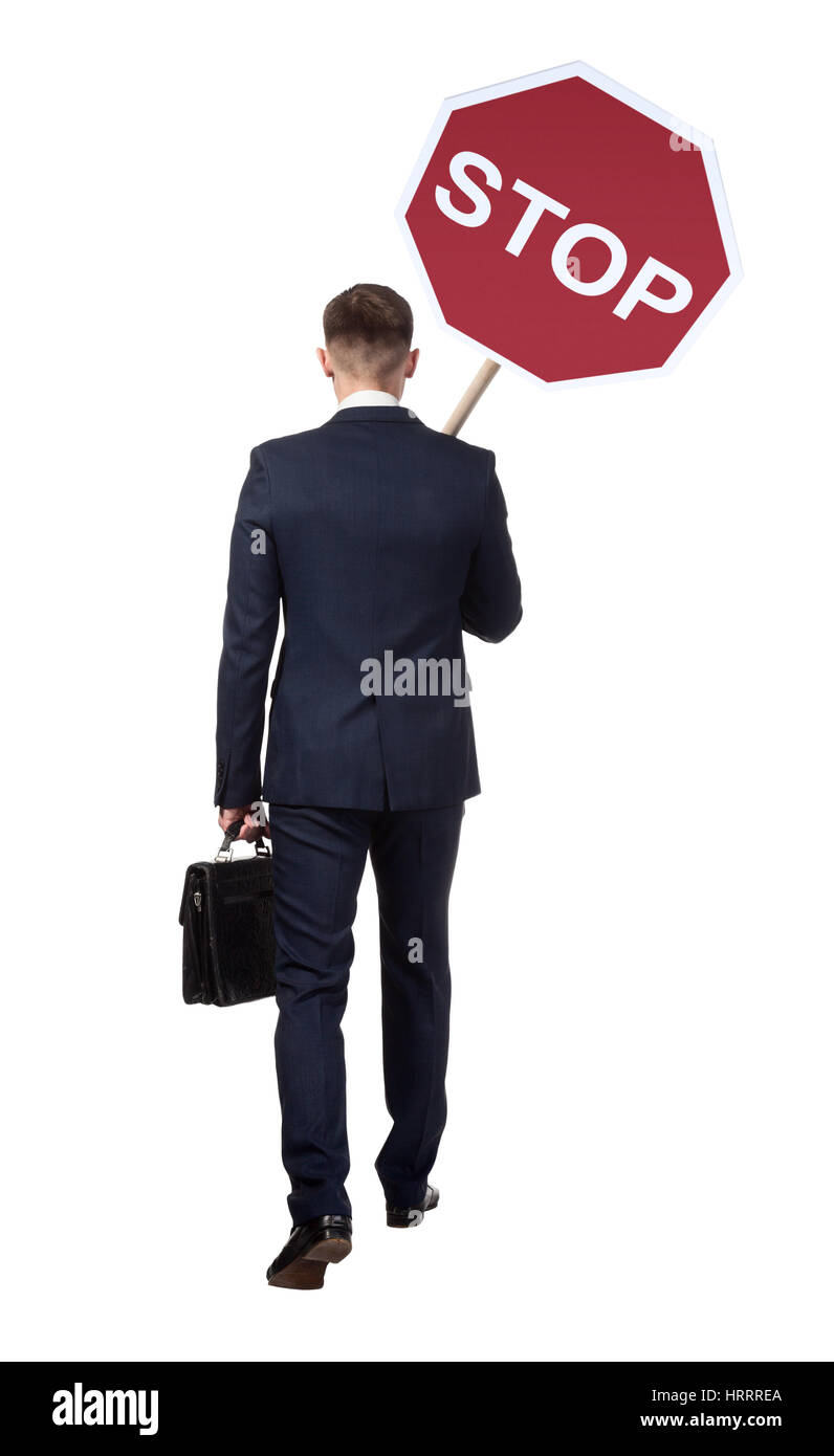 Offiziellen Mann trägt ein Schild, das heißt stoppen. Isoliert auf weißem Hintergrund. Stockfoto