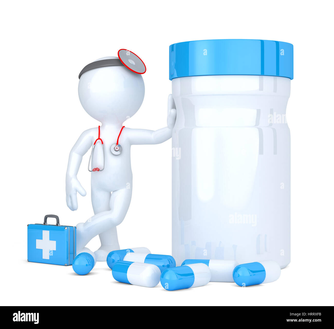 3D Arzt mit Pillenbox. Isoliert. Clipping-Pfad der Flasche und die gesamte Szene enthält. Stockfoto