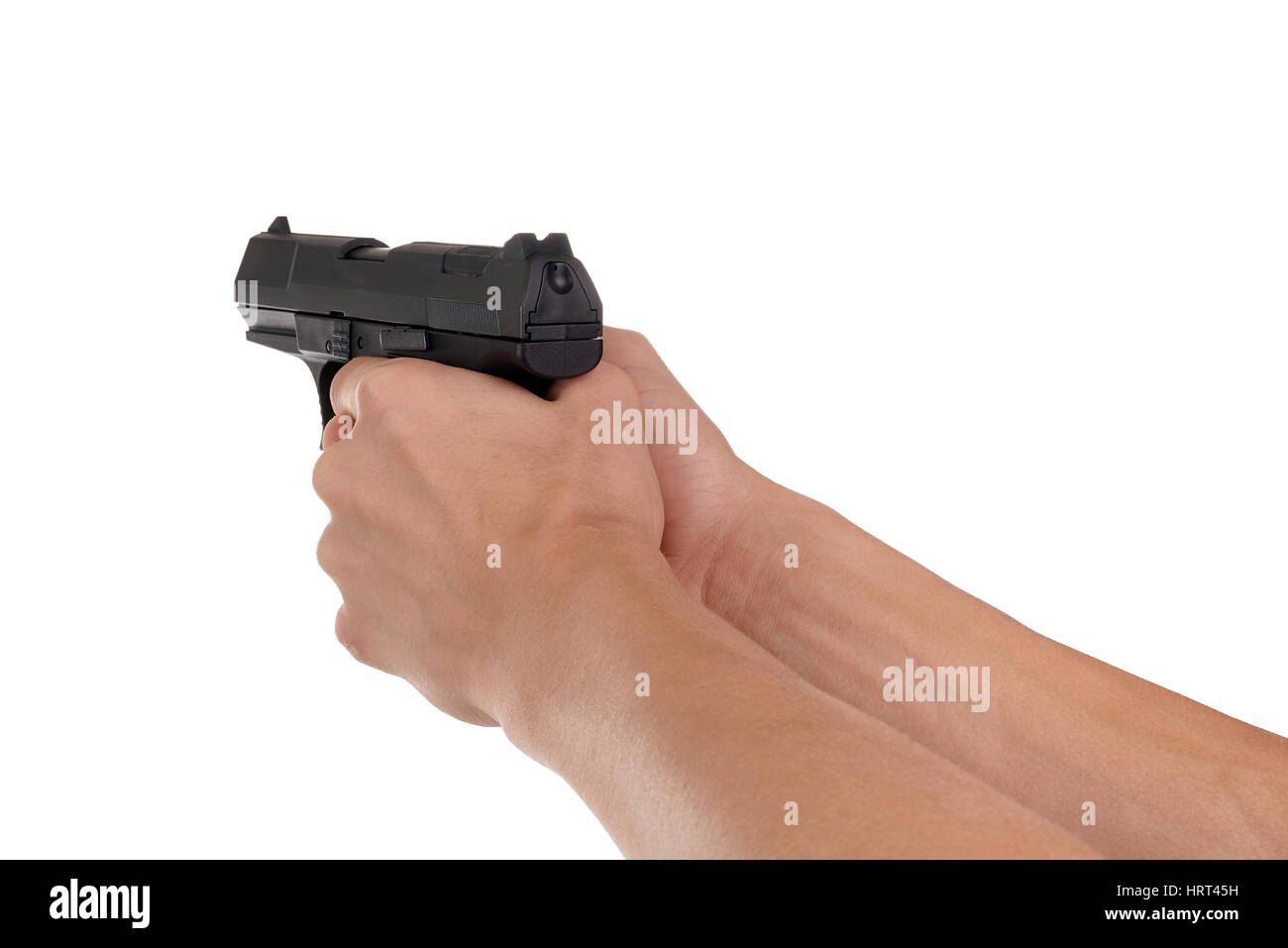 Pistole in der Hand isoliert auf weißem Hintergrund Stockfoto