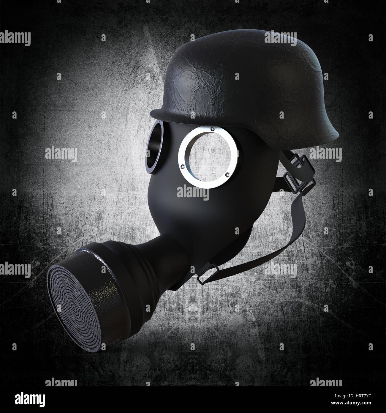 Gasmaske mit Militärhelm auf dunklem Hintergrund Stockfoto