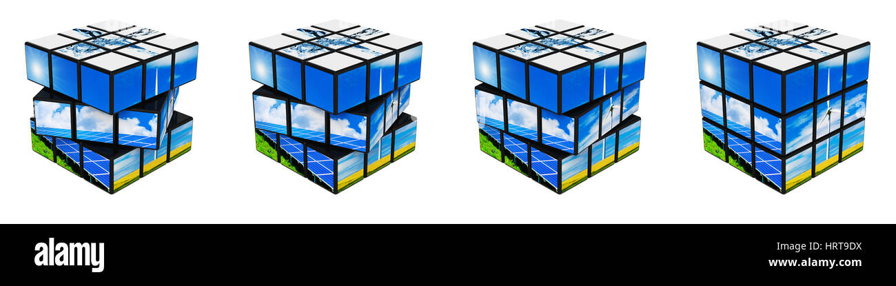 Cube in erneuerbare Energien isoliert auf weißem 3D-Rendering ändern Stockfoto