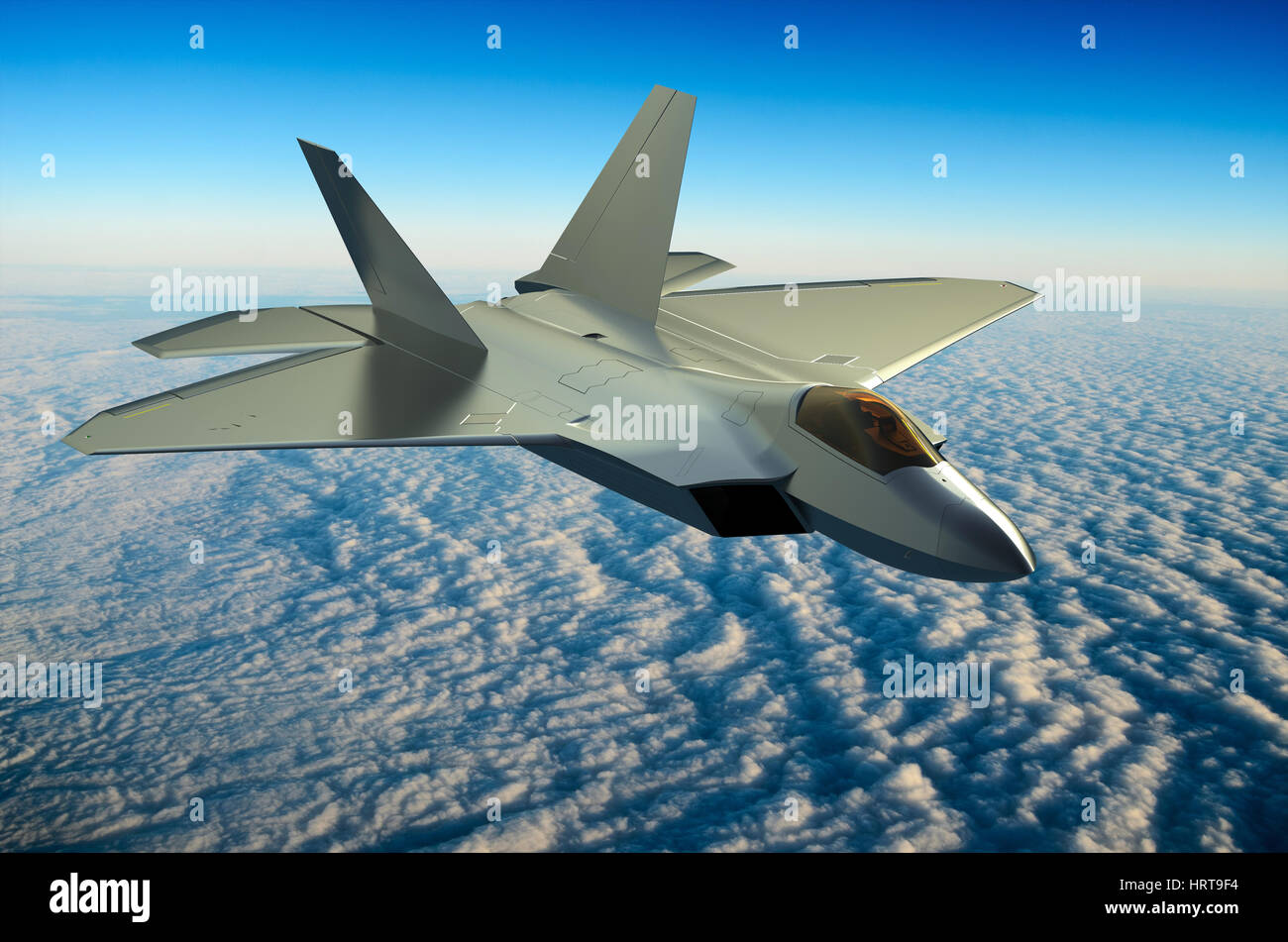 Kampfjet über den Wolken 3D-Rendering Stockfoto