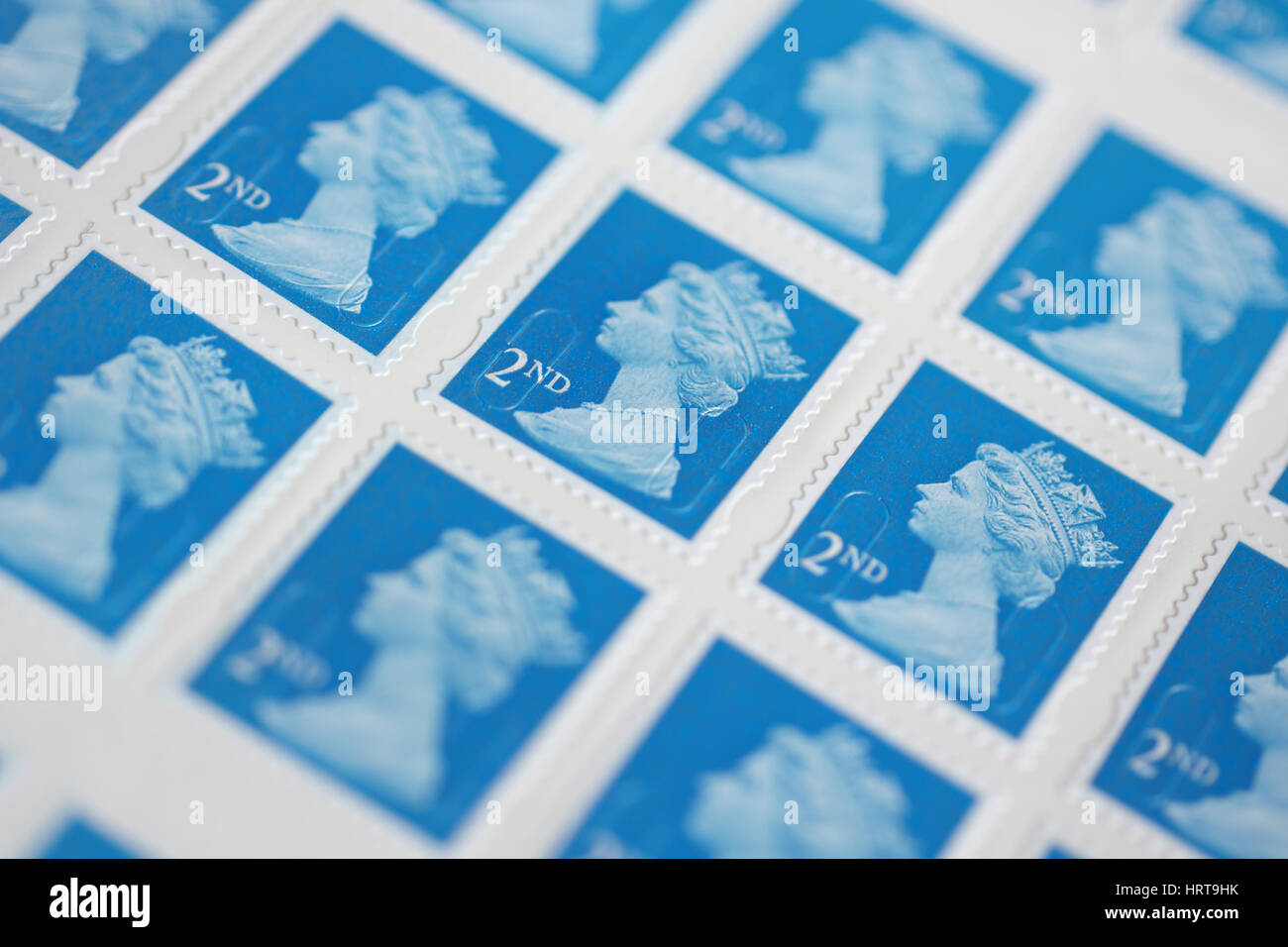 Blatt des britischen zweiter Klasse Briefmarken Stockfoto