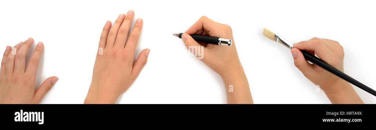 Verschiedene Hände mit Stift und Pinsel auf weißem Hintergrund Stockfoto