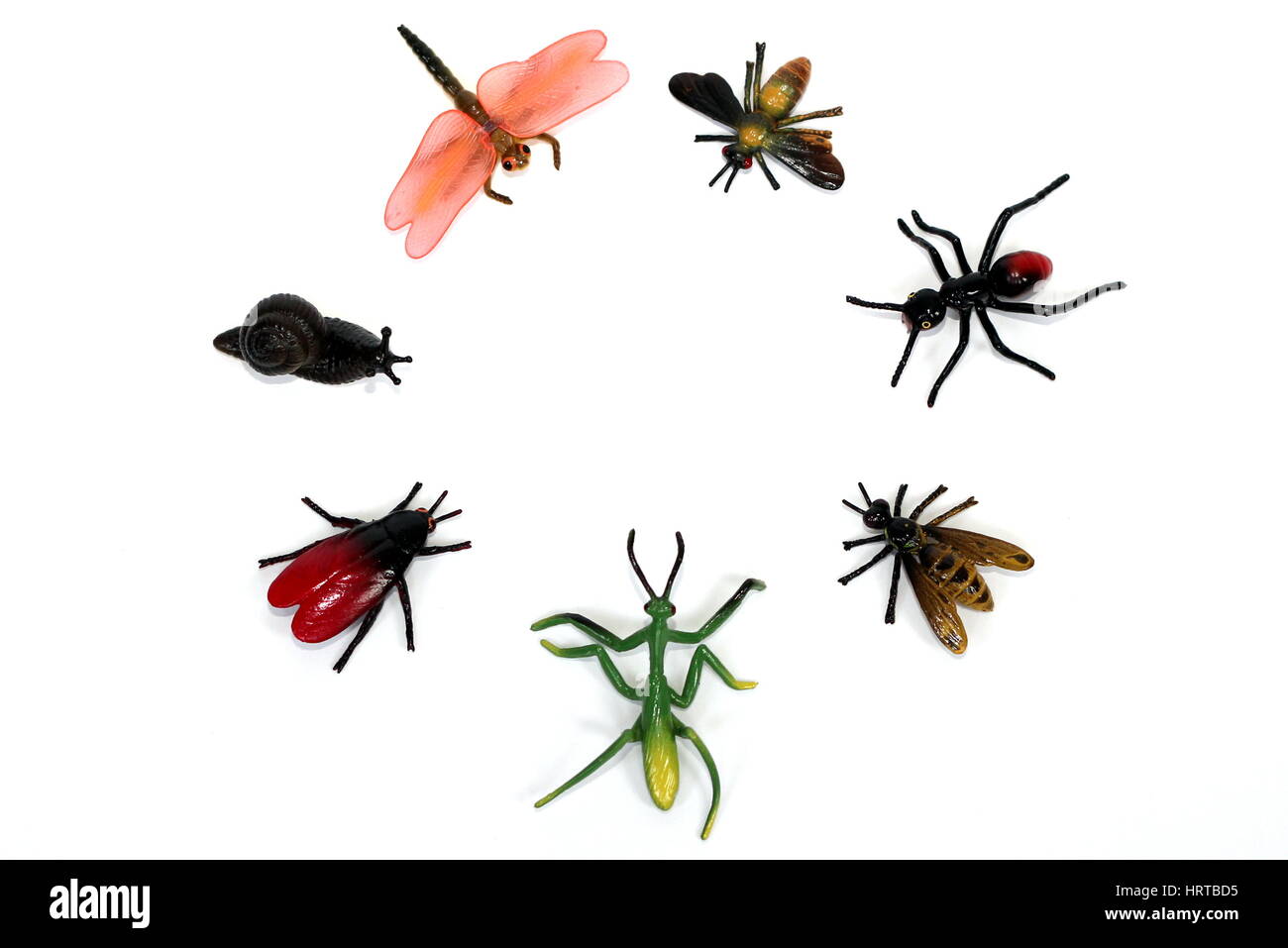 Ein Kreis von Plastikspielzeug Mini Tiere / Insekten Stockfoto