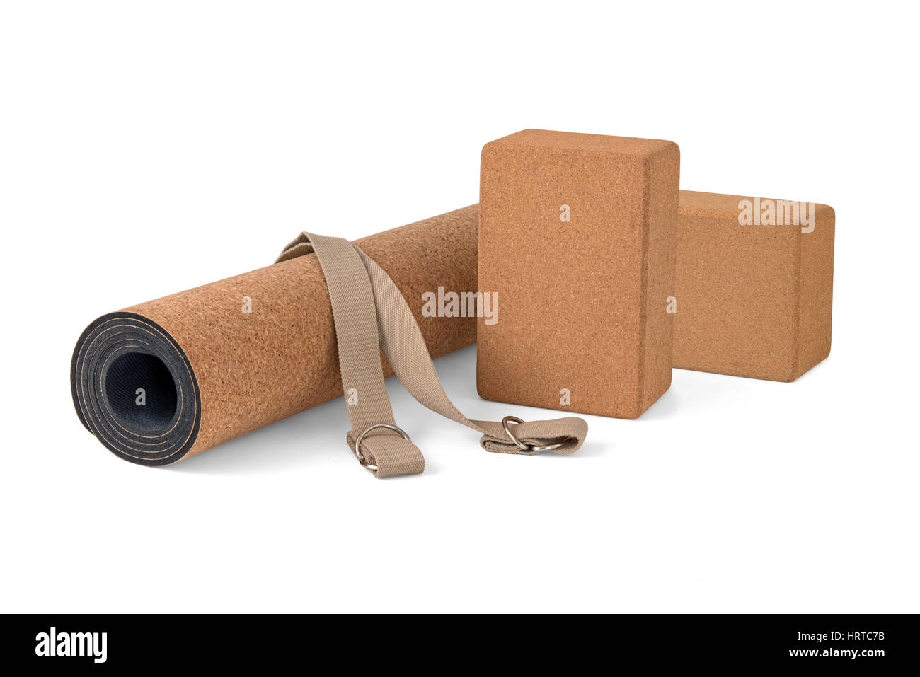 Yogamatte Kork mit Gurt, Eco-Friendly Premiumprodukt auf weißem Hintergrund Stockfoto