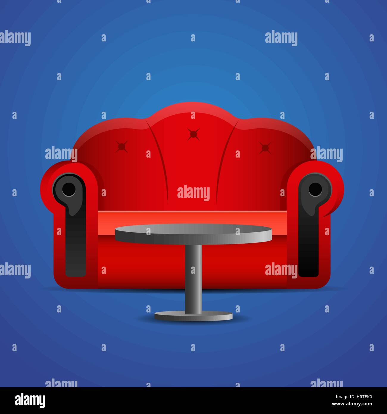 Rotes Sofa mit Tisch auf blauem Hintergrund. Stock Vektor