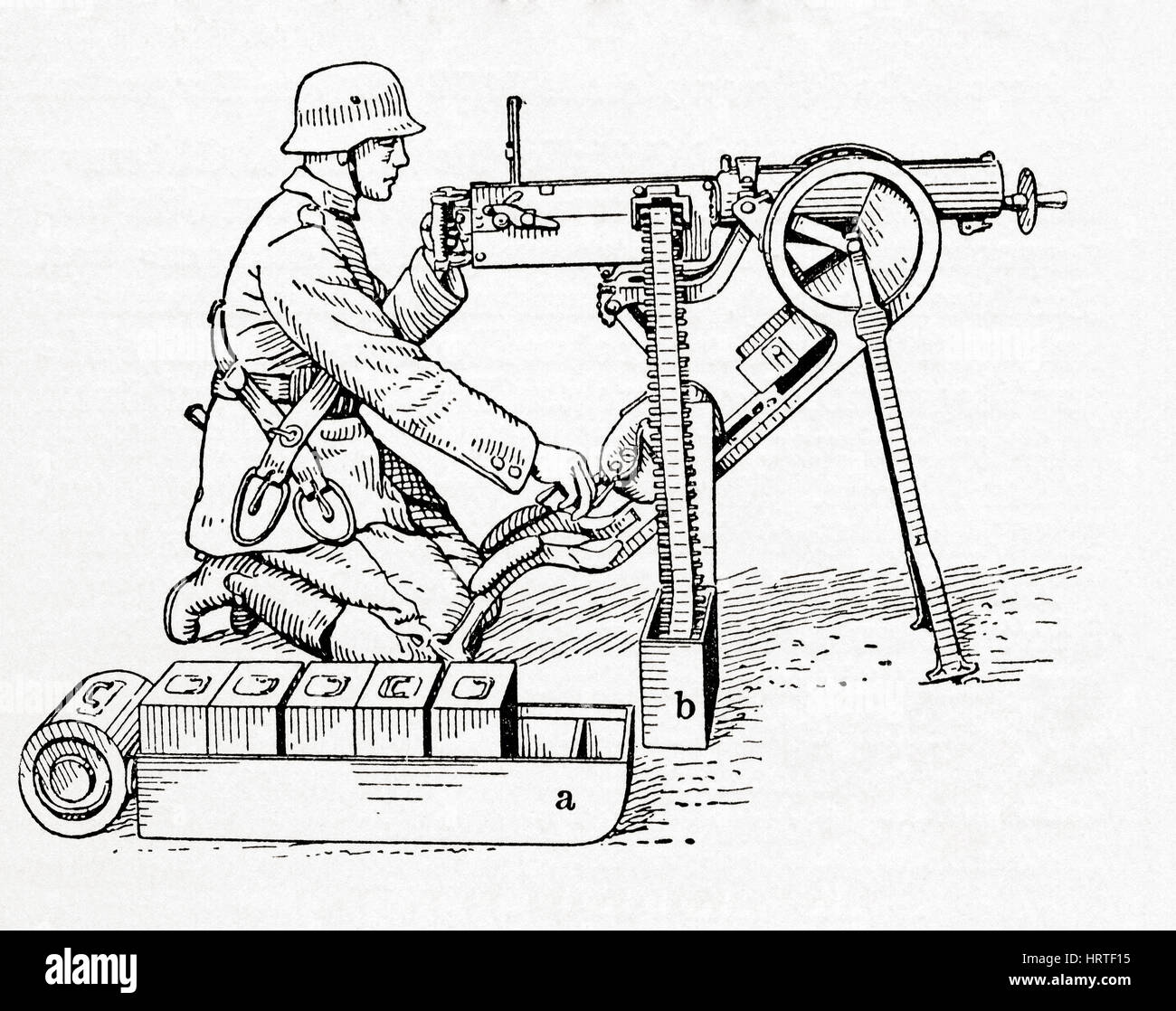 Ein deutscher Soldat ein Maxim-Maschinengewehr im ersten Weltkrieg in Betrieb. Es war das erste Rückstoß-betrieben Maschinengewehr, erfunden von Hiram Stevens Maxim im Jahre 1883.   Aus Meyers Lexikon veröffentlicht 1927. Stockfoto