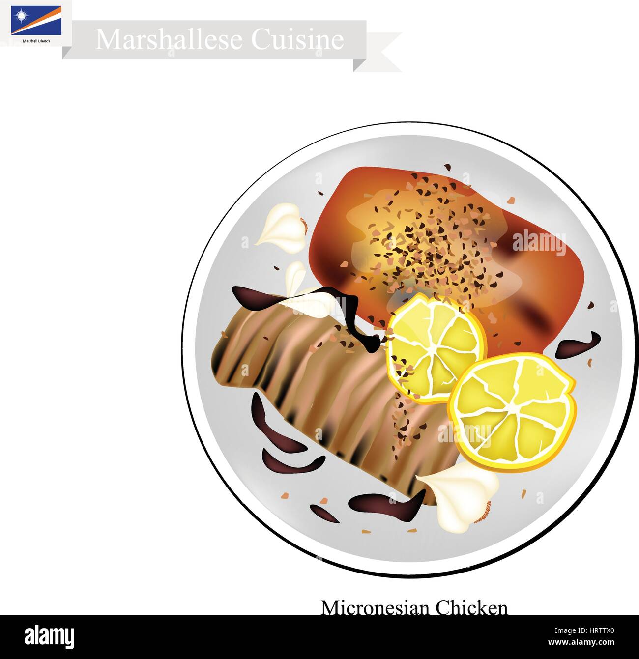 Marshallesisch Küche, Illustration von traditionellen gegrillte Hähnchenbrust in Zitronensaft und mariniert In Bier, Sojasauce und gehackten Knoblauch. A Stock Vektor