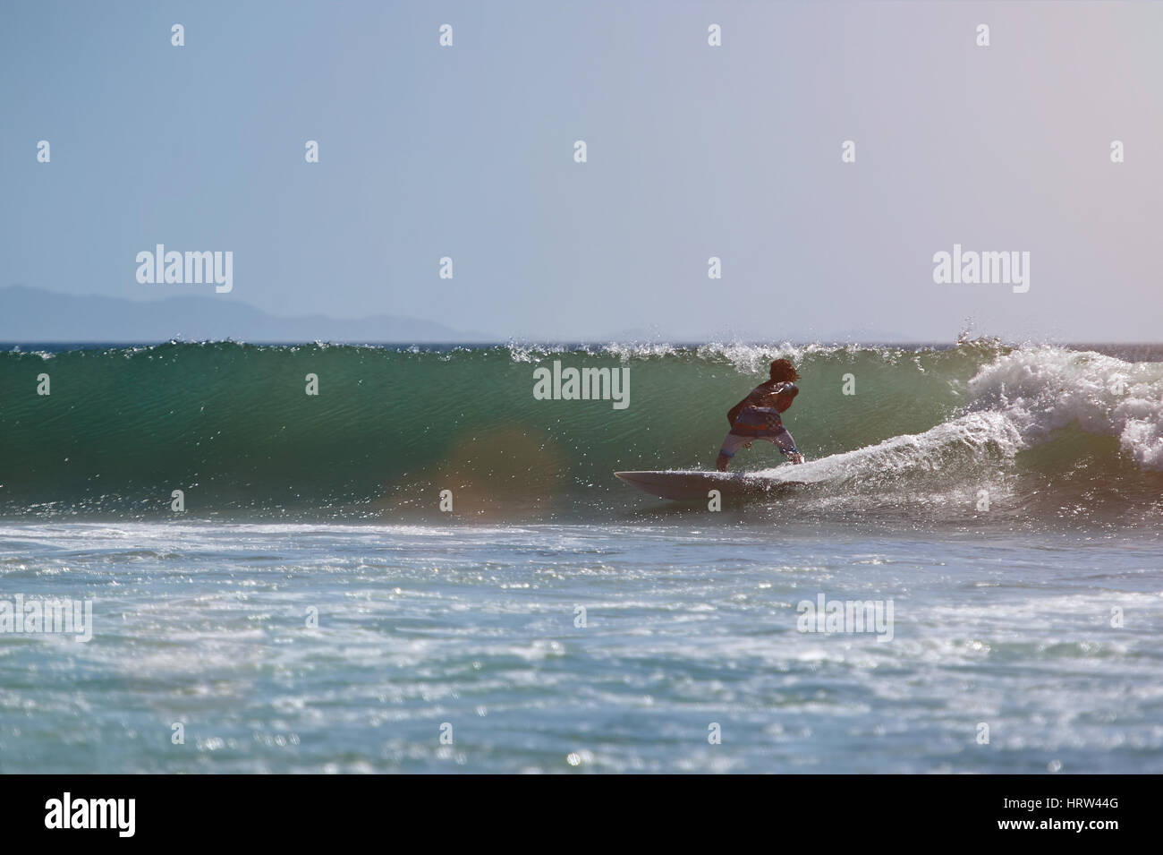 Mann am pazifischen Ozeanwelle an sonnigen Tag surfen. Extremsport-Surf. Ein Surfer auf dem blauen Meer Welle Wasser Stockfoto
