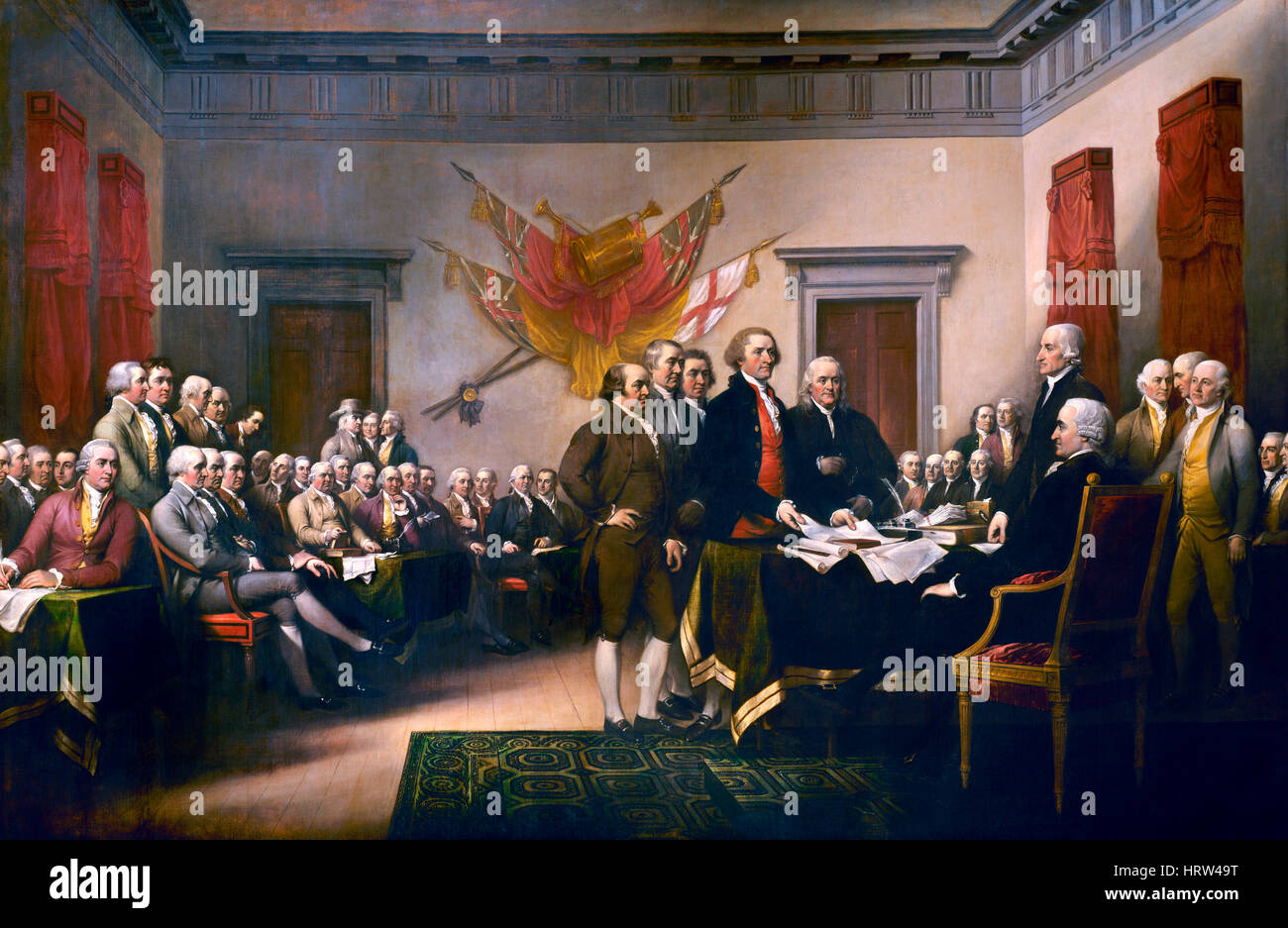 Die Unterzeichnung der Unabhängigkeitserklärung der Vereinigten Staaten im Jahre 1776. Gemälde von John Trumbull im Capitol Rotunde, Washington DC. Stockfoto