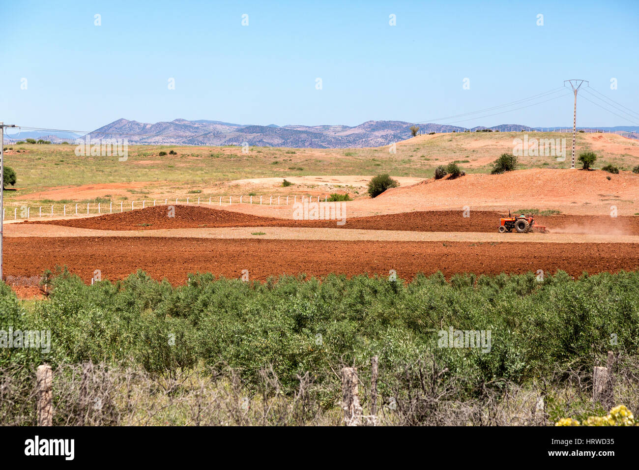 In der Nähe von Azrou, Marokko.  Traktor-Pflügen-Feld. Stockfoto