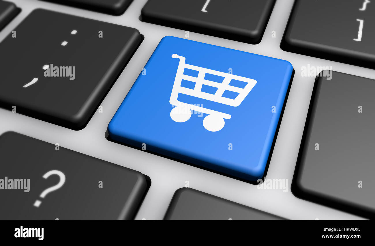 Online-Shop und e-Commerce-Konzept mit shopping Warenkorb-Icon auf der Computertastatur. Stockfoto