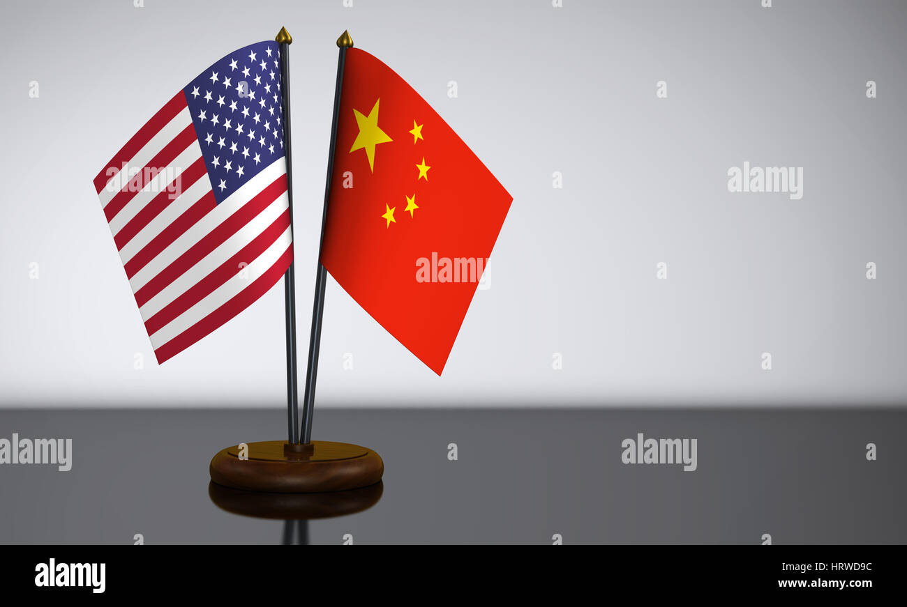 Vereinigte Staaten von Amerika Flagge und Chinese Desk Fahnen 3D Illustration. Stockfoto