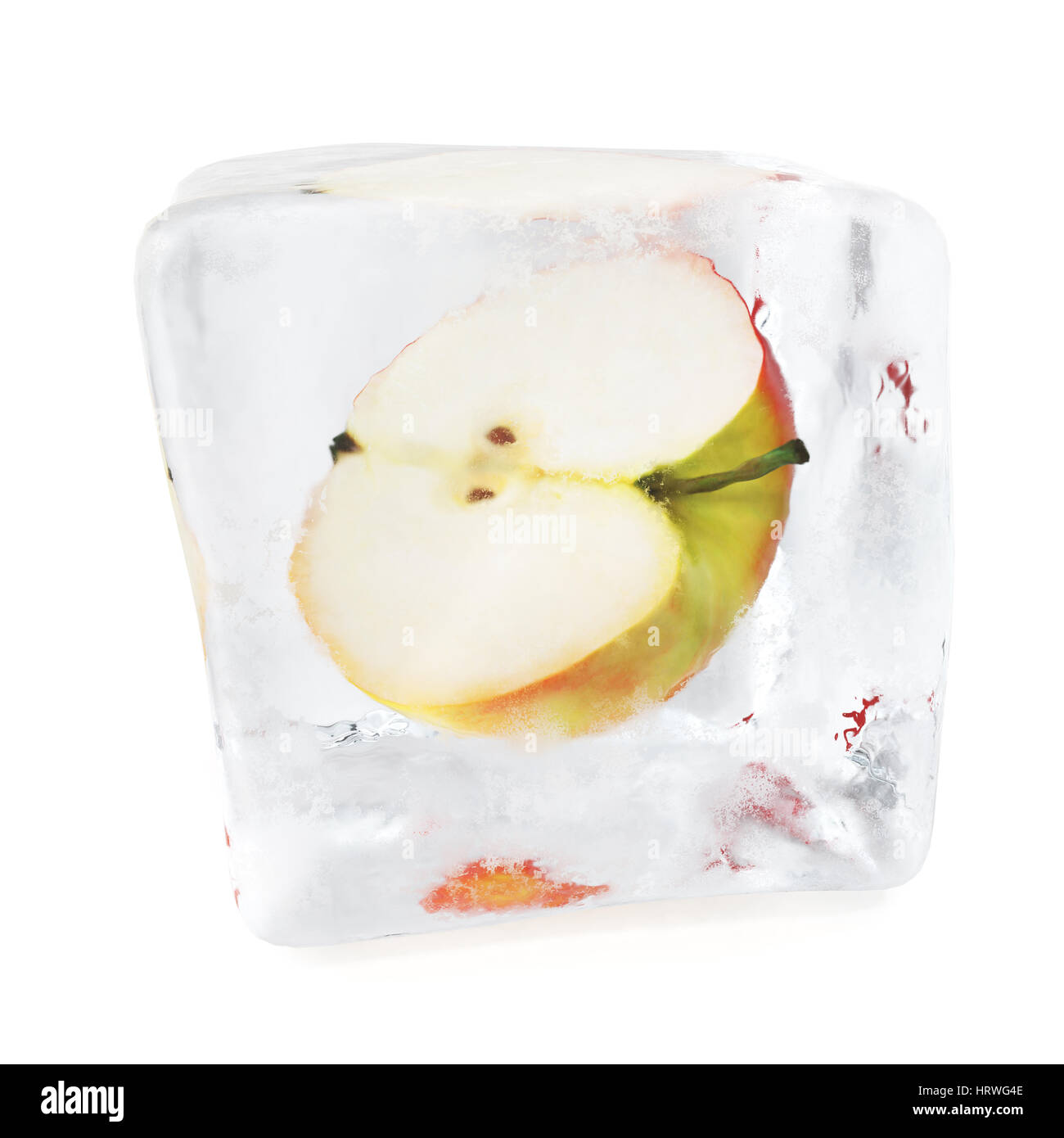 Slice Apple eingefroren in Eiswürfel, Eiswürfel, isoliert einzelne Eiswürfel auf weißem Hintergrund, 3D-Rendering Stockfoto
