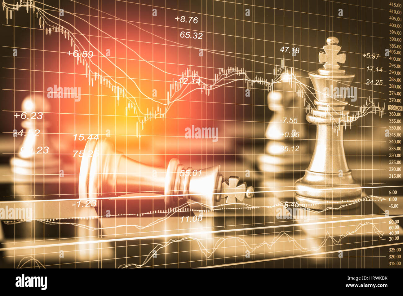 Planspiel auf digitale Börse Finanz- und Schach-Hintergrund. Digitale Wirtschaft und Börse finanzielle auf LED. Doppelte Belichtung Schach busine Stockfoto