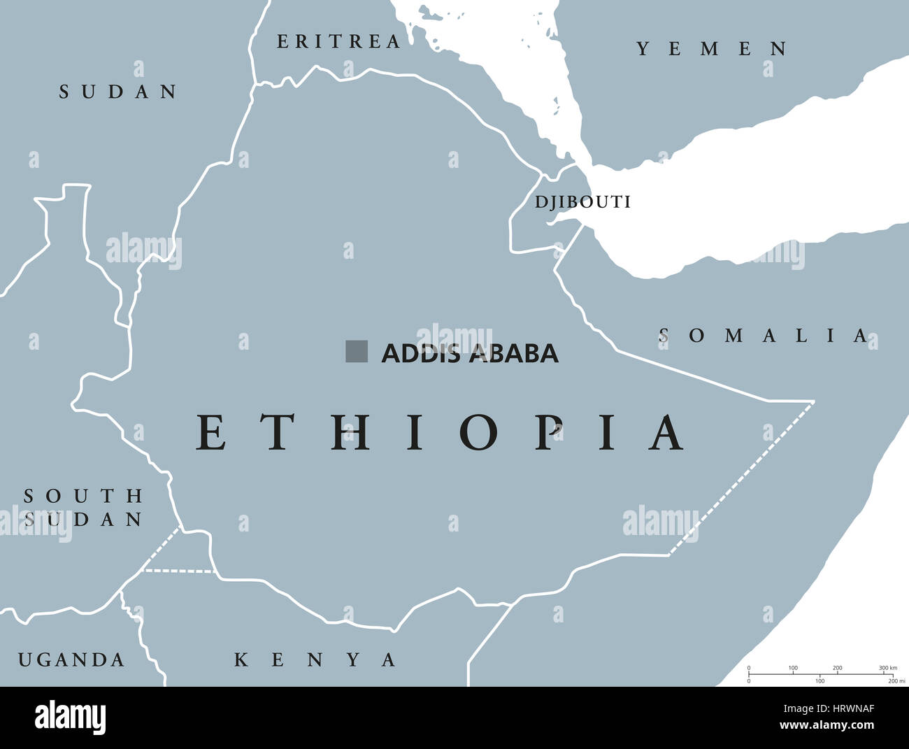 Äthiopien politische Karte mit Hauptstadt Addis Abeba und Grenzen. Demokratische Bundesrepublik und ein Land am Horn von Afrika. Stockfoto