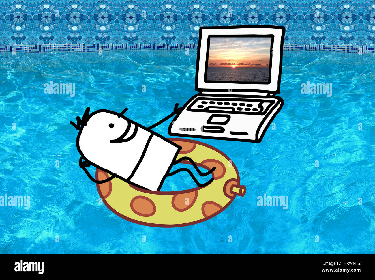Cartoon-Figur - Mann mit Laptop in einem Schwimmbad Stockfoto