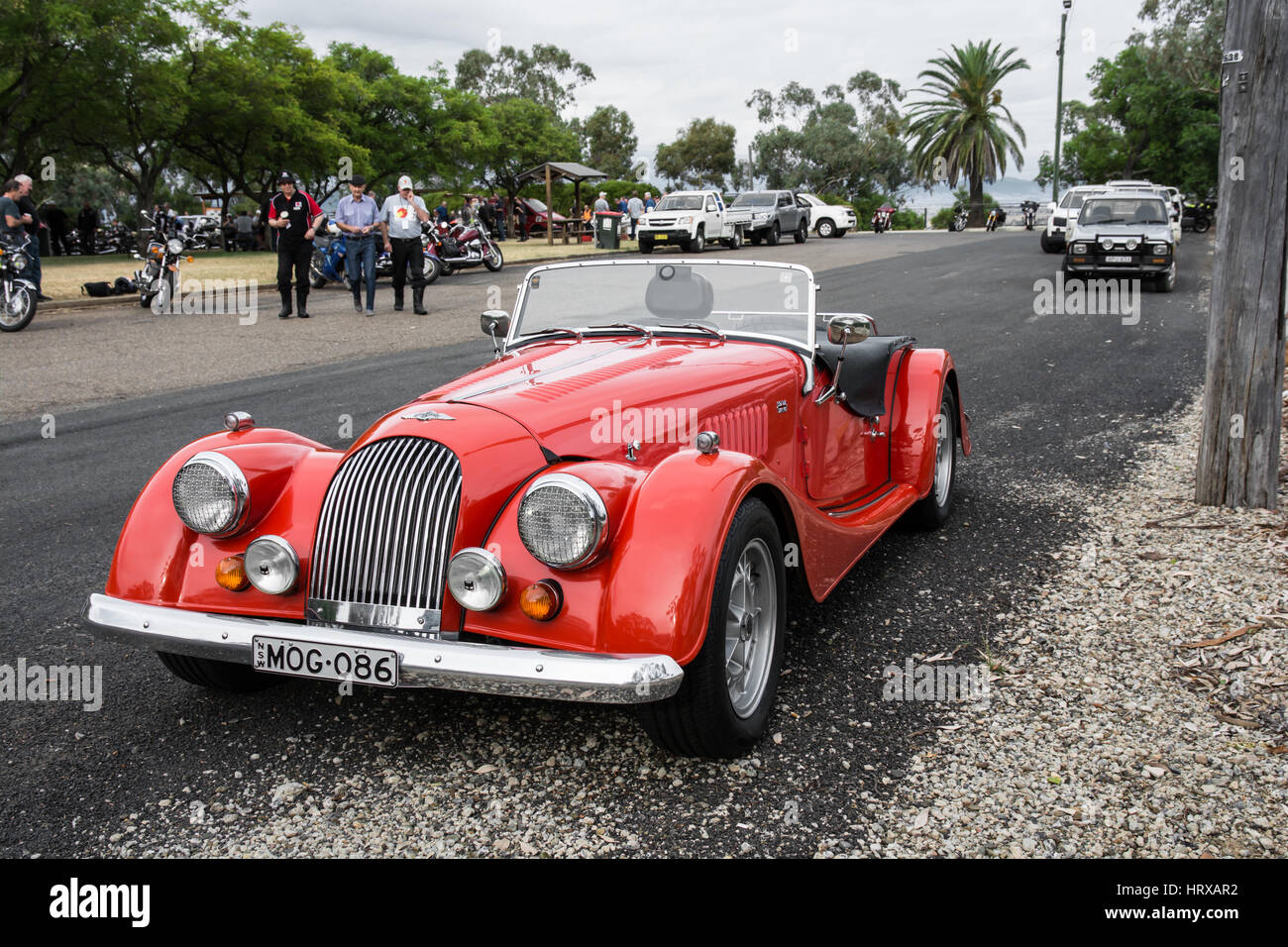 Ansicht eines 1986 Morgan Plus 8 Sports Car in 3/4-Frontansicht. Stockfoto