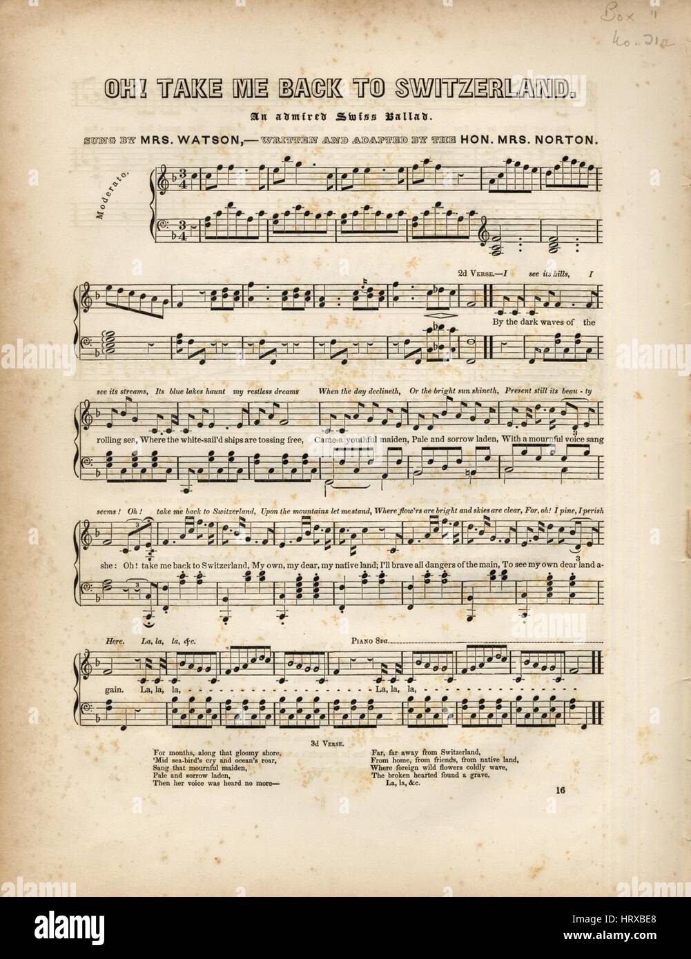 Titelbild der Noten des Liedes "Oh! Bring mich zurück in die Schweiz eine  bewunderte Schweizer Ballade ", mit ursprünglichen Autorschaft Noten  reading"Geschrieben und angepasst von Hon Frau Norton", 1900. Der  Herausgeber wird
