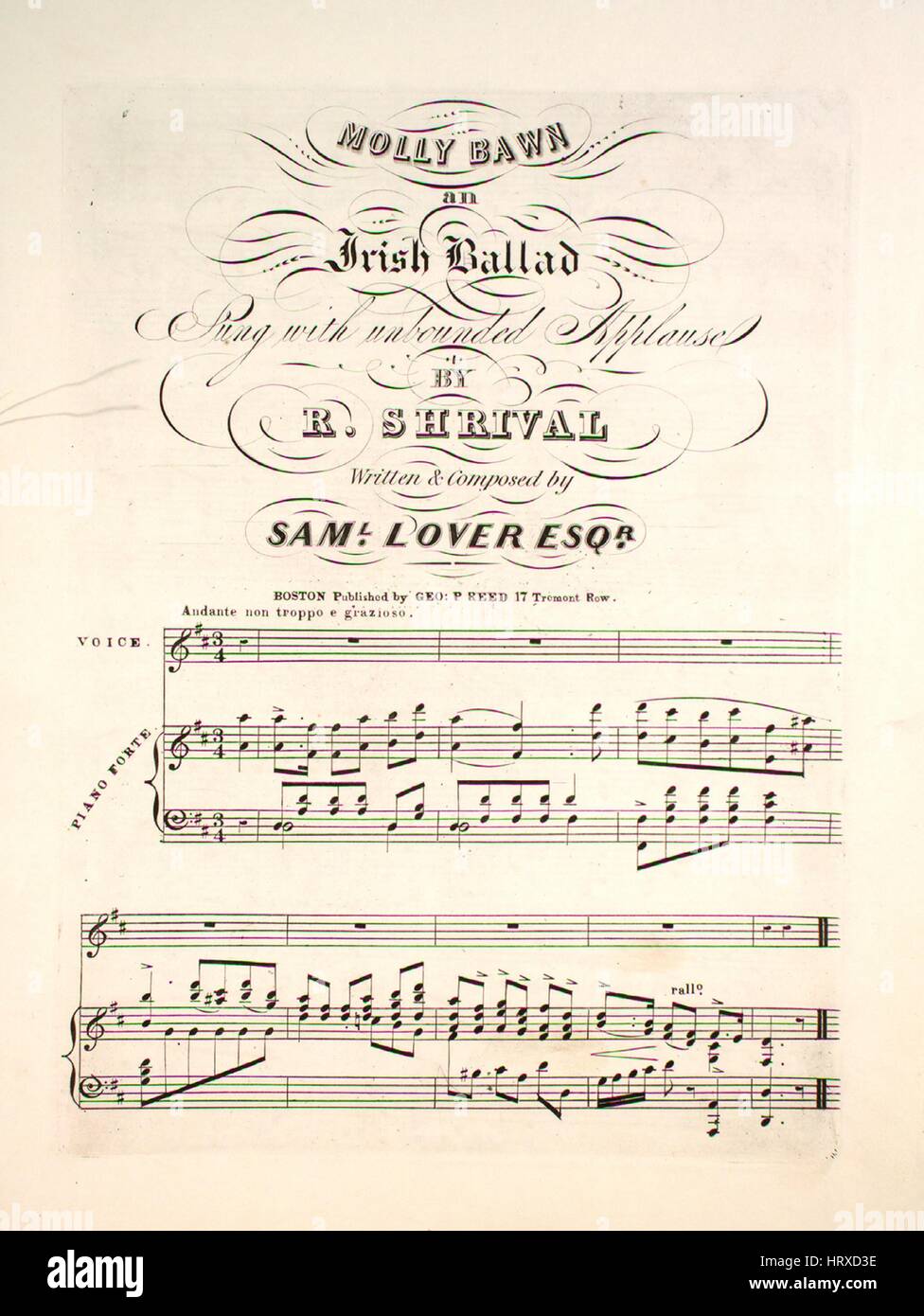 Noten-Cover-Bild des Liedes "Molly Bawn An irische Ballade", mit ursprünglichen Autorschaft Noten lesen "von R Shrival geschrieben und komponiert von Saml-Liebhaber, Esqr", USA, 1900. Der Verlag als "Geo. P. Reed, Zeile 17 Tremont" aufgeführt ist, die Form der Komposition ist "strophische mit Chor", die Instrumentierung ist "Klavier und Stimme", liest die erste Zeile ' Oh! Molly Bawn warum mich Sehnsucht, ganz einsam hier warten lassen ", und der Abbildung Künstler wird als 'None' aufgeführt. Stockfoto