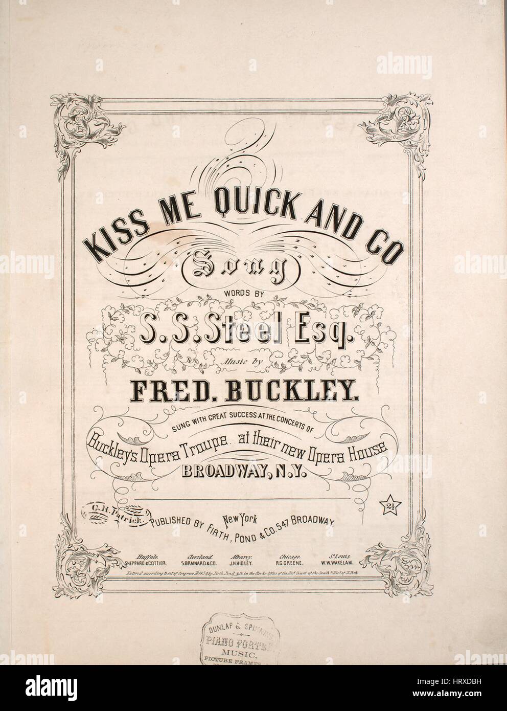 Sheet Music cover Bild des Liedes "Kiss me Quick und gehen Song", mit ursprünglichen Autorschaft Noten lesen "Worte von Silas S Stahl, Esq Musik von Fred Buckley", USA, 1856. Der Verlag als "Firth, Teich und Co., 547 Broadway" aufgeführt ist, die Form der Komposition ist "strophische mit Chor", die Instrumentierung ist "Klavier und Gesang (Solo und Satb Chor)", die erste Linie liest "die andere Nacht, während ich war Sweet Turlina Spray Funken" und der Abbildung Künstler als "Quidor Engvr." aufgeführt ist. Stockfoto